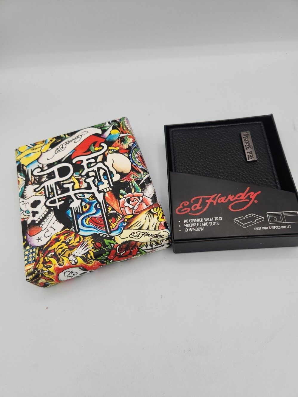 Ed Hardy Black Bifold Wallet with Valet Tray Gift Box Faux Leather🆕️🐅